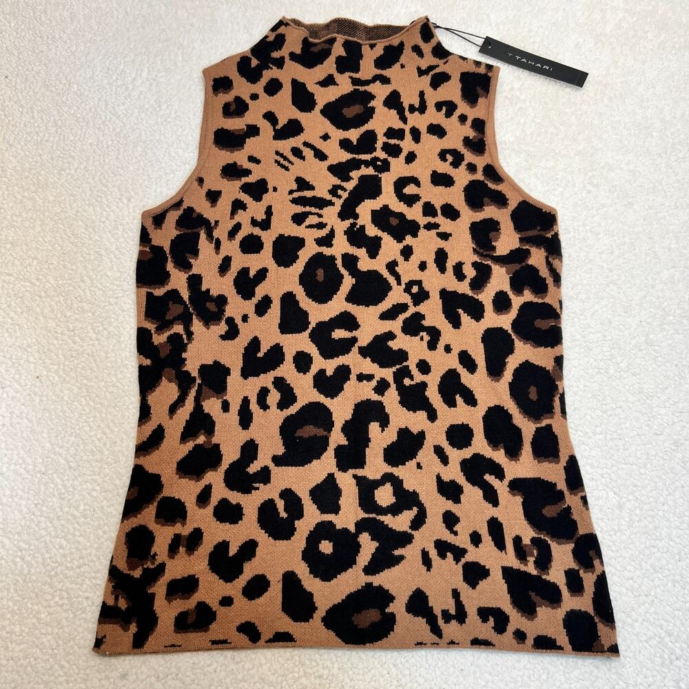 NWT T Tahari Top Sleeveless Sweater Leopard Print Turtleneck Black/Brown, Sz XS